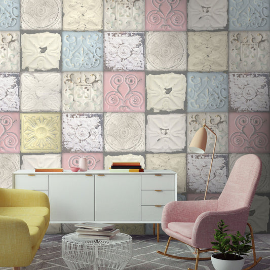 Tin Tiles Wallpaper Pastel Feature-Contract Furniture Store for hospitality, leisure & commercial projects