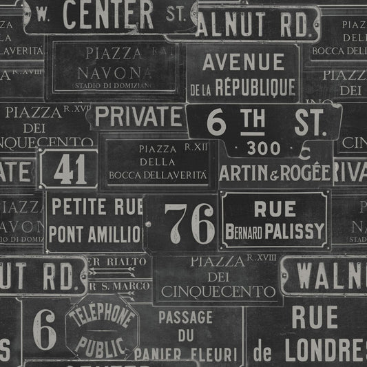 Vintage Signs Anthracite Wallpaper-Contract Furniture Store for hospitality, leisure & commercial projects