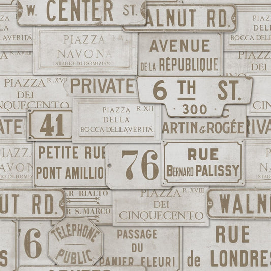 Vintage Signs Taupe Wallpaper