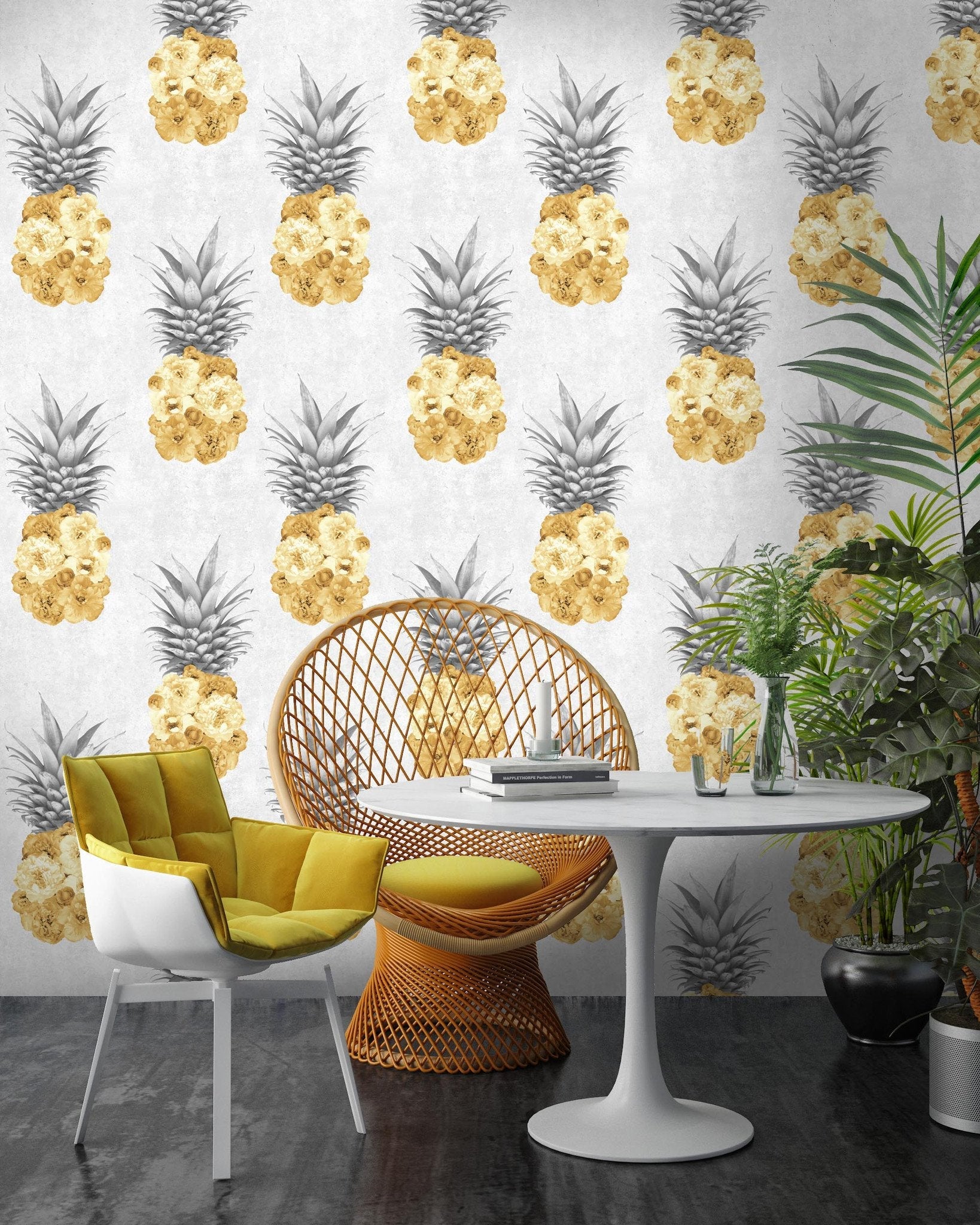 Floral Pineapple Feature Wallpaper-Woodchip & Magnolia-Contract Furniture Store