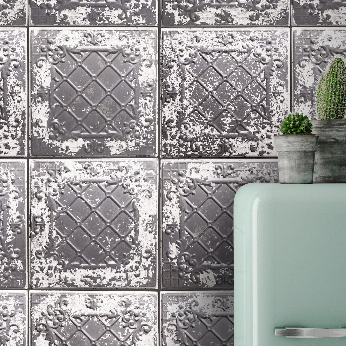 Grey Tin Tiles Wallpaper-Woodchip &amp; Magnolia-Contract Furniture Store