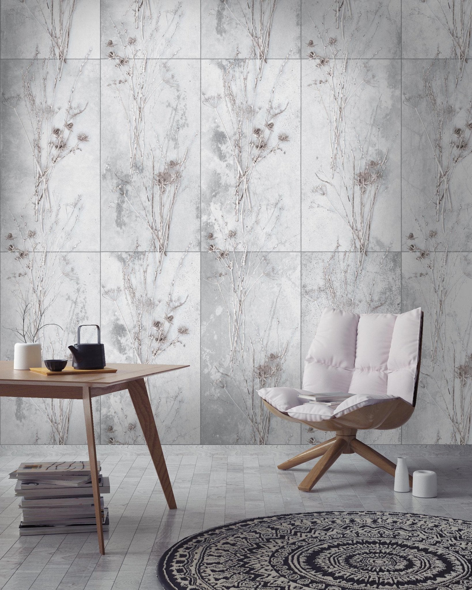 Meraki Concrete Botanical Wallpaper-Woodchip & Magnolia-Contract Furniture Store