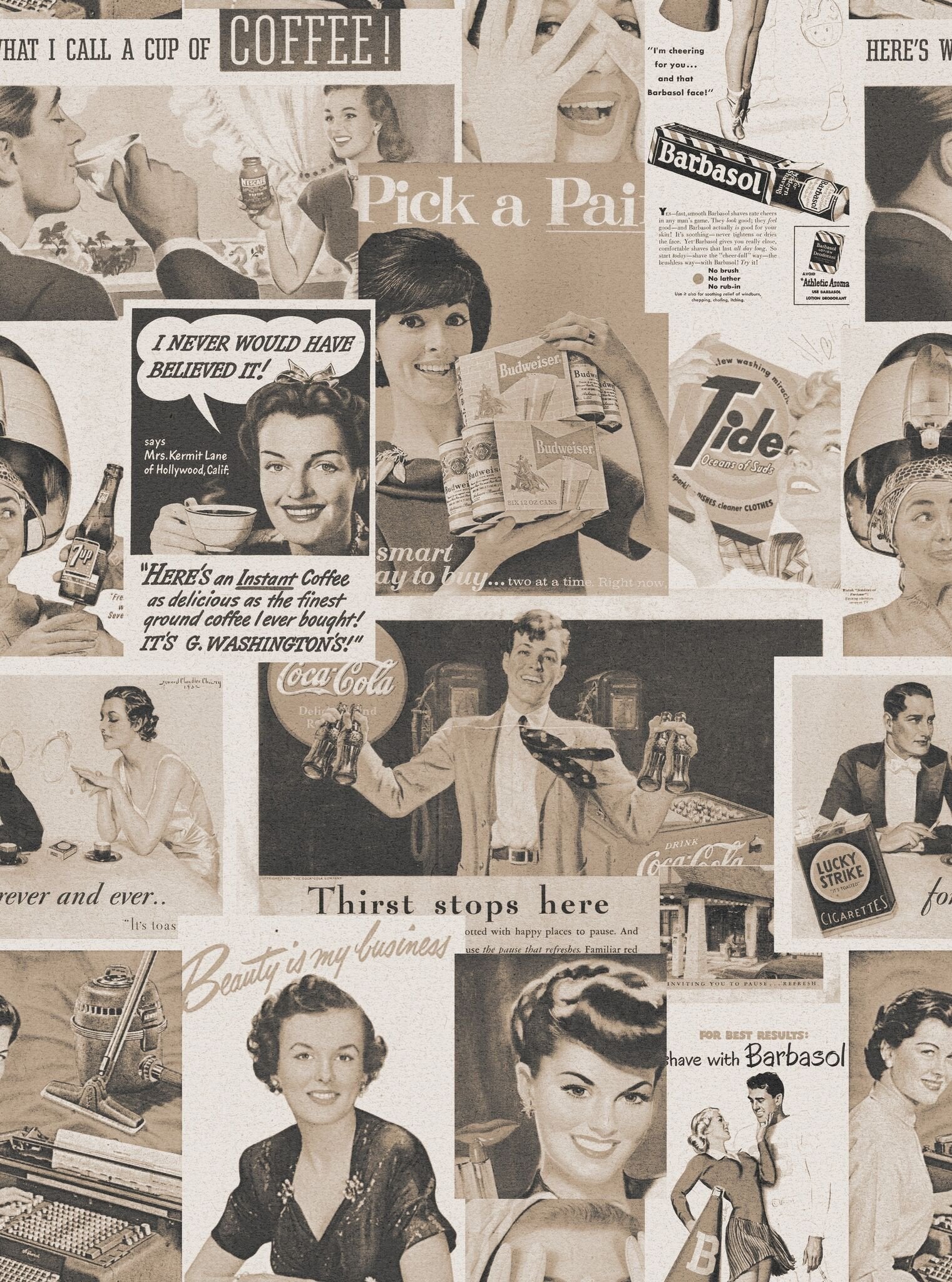 Retro Ads Sepia Wallpaper-Contract Furniture Store for hospitality, leisure & commercial projects