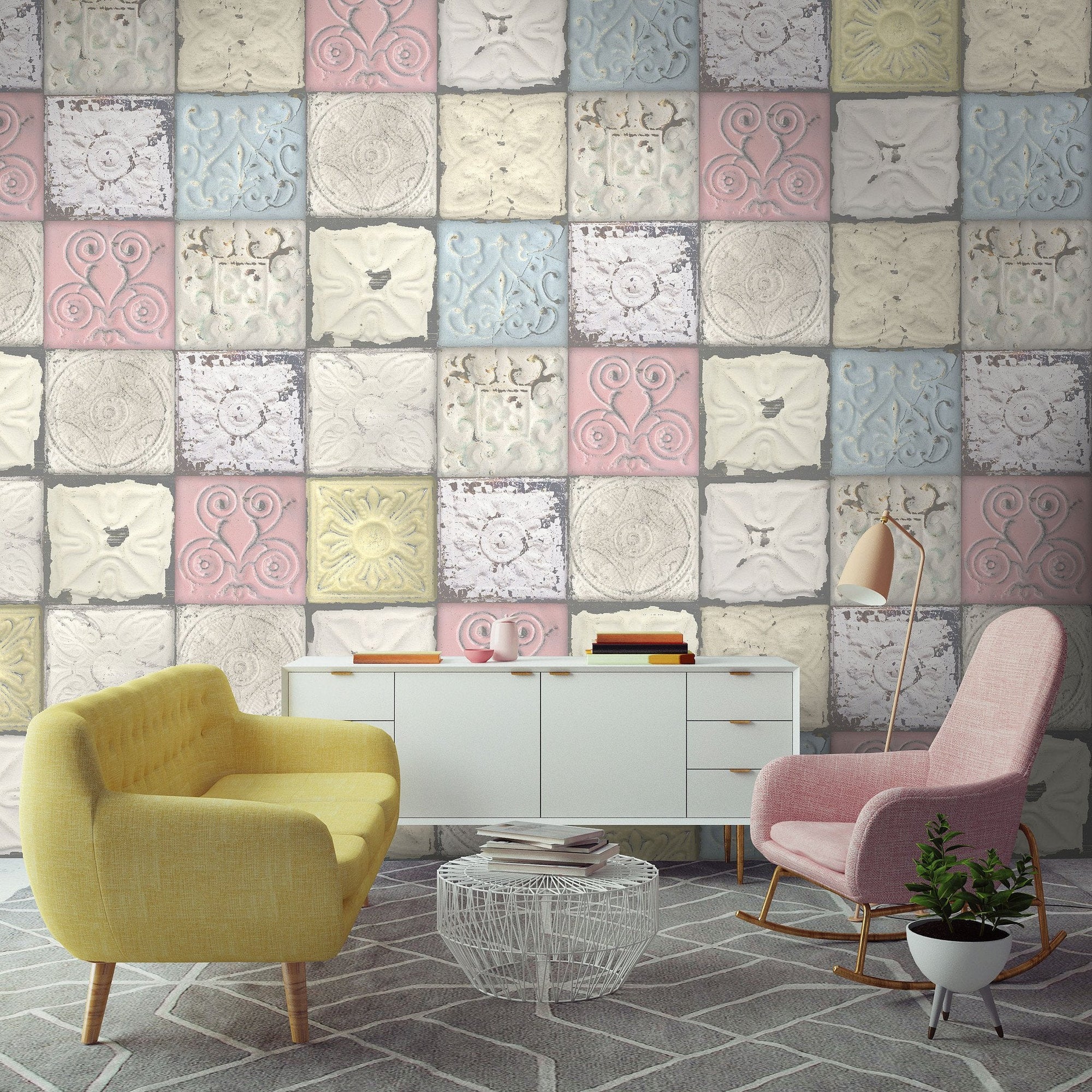 Tin Tiles Wallpaper Pastel Feature-Woodchip & Magnolia-Contract Furniture Store