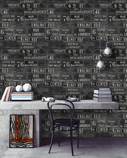Vintage Signs Anthracite Wallpaper