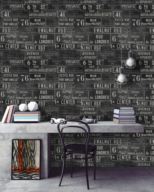 Vintage Signs Anthracite Wallpaper