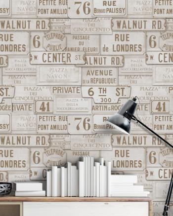 Vintage Signs Taupe Wallpaper